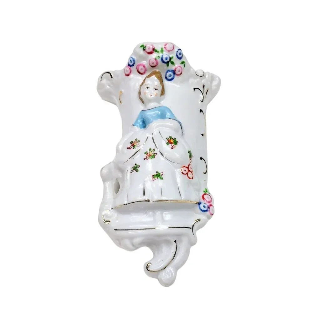 VTG 40s Hand Painted  Porcelain Victorian Lady & Flowers Pocket Wall Vase Japan